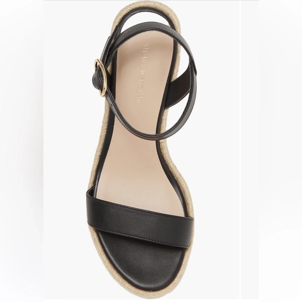 NIB Stuart Weitzman Teddi espadrille wedge sandals heels black leather 11.5